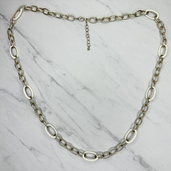 Gold Tone and White Long Chain Link Necklace - Picture 7 of 12